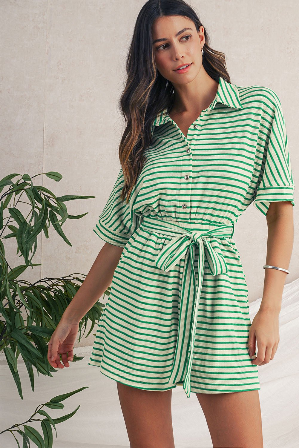 Green Stripe Textured Short Sleeve Collared Buttoned Waist Tie Romper - MAD RUFFI