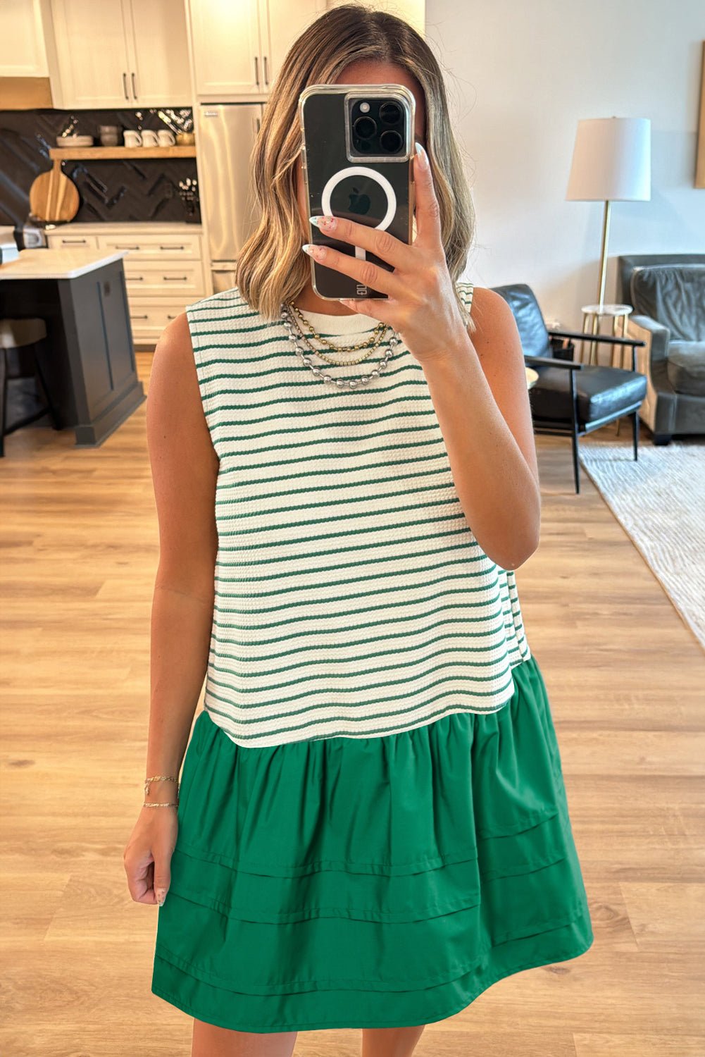 Green Stripe Woven Ruffled Sleeveless Mini Dress - MAD RUFFI