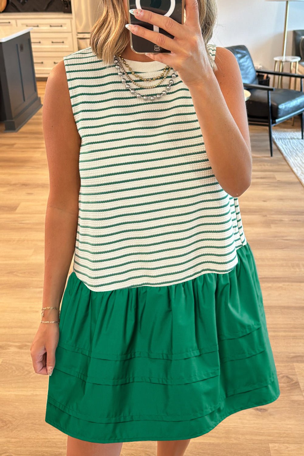 Green Stripe Woven Ruffled Sleeveless Mini Dress - MAD RUFFI