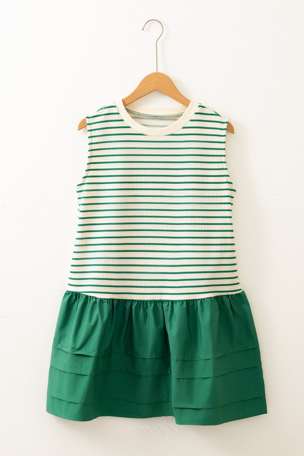 Green Stripe Woven Ruffled Sleeveless Mini Dress - MAD RUFFI
