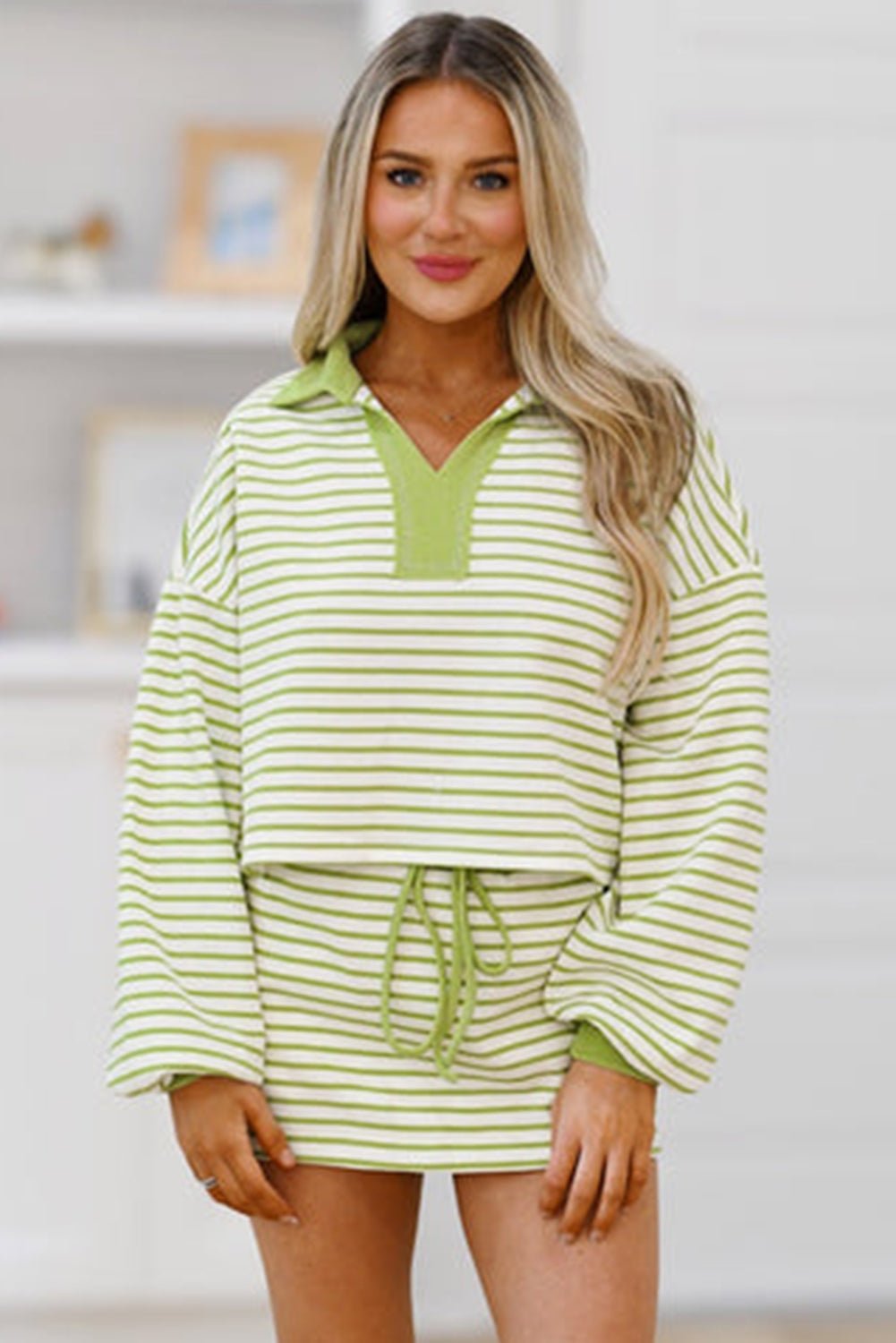 Green Striped Collared V Neck Drop Shoulder Pullover and Skirt Set - MAD RUFFI
