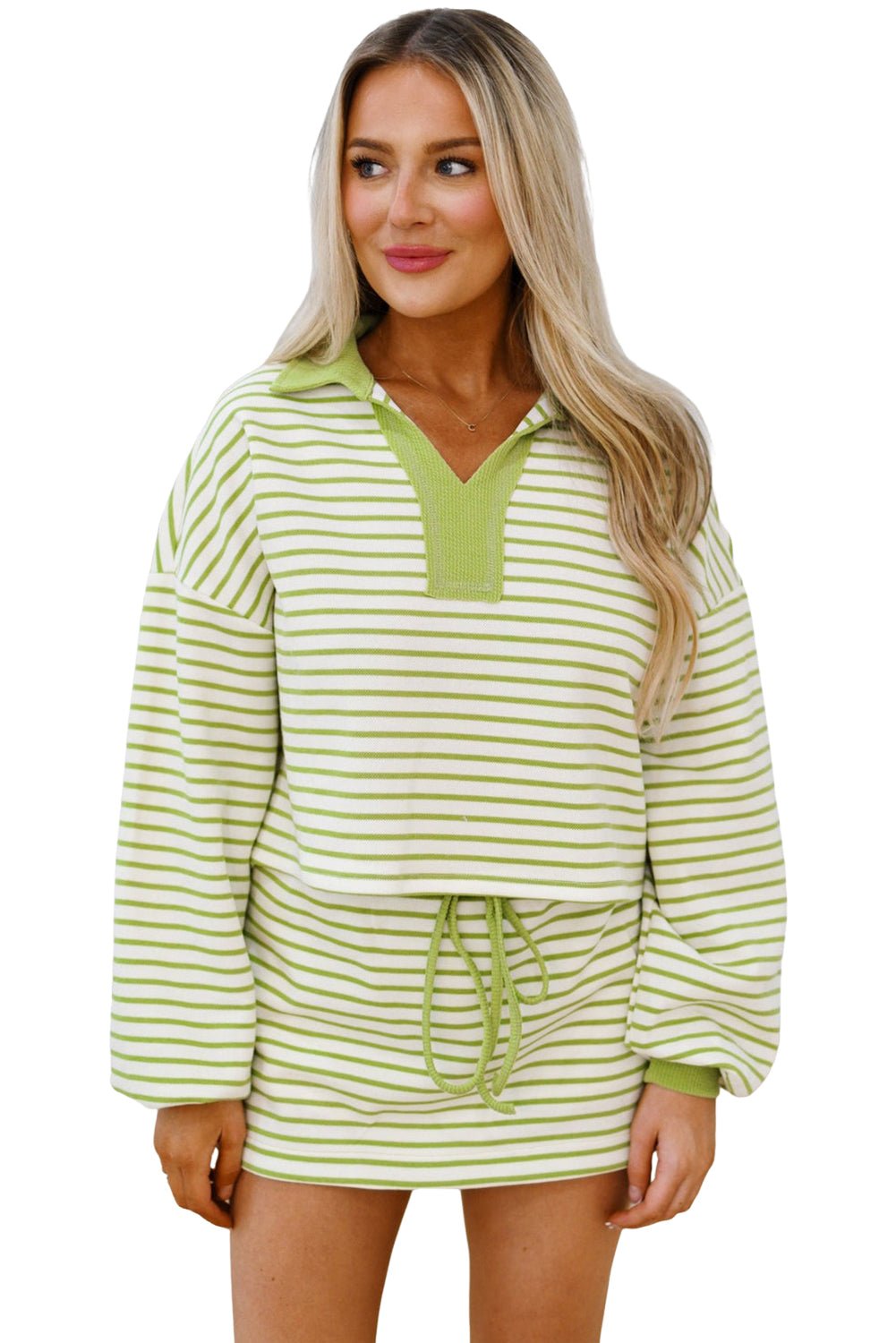 Green Striped Collared V Neck Drop Shoulder Pullover and Skirt Set - MAD RUFFI