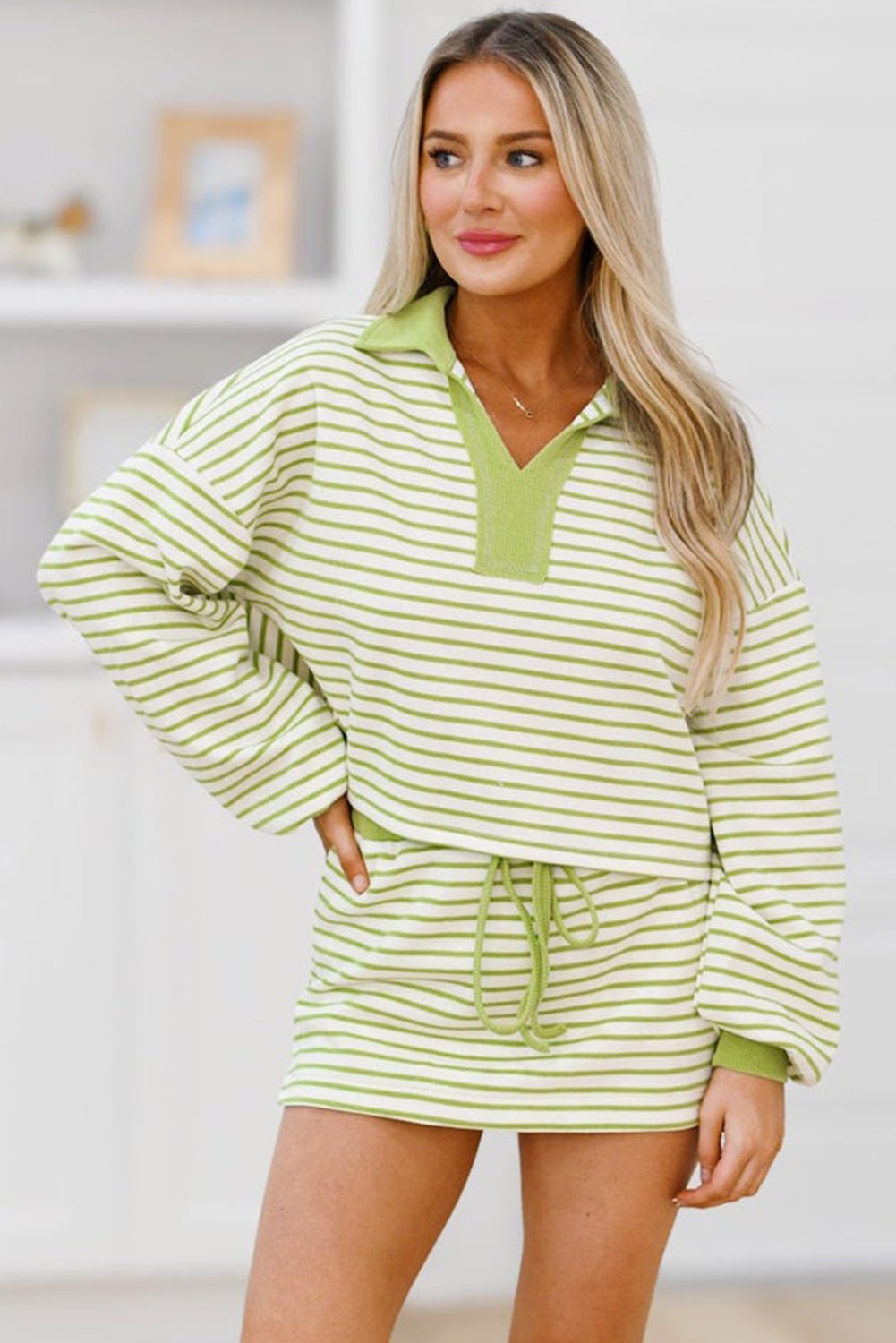 Green Striped Collared V Neck Drop Shoulder Pullover and Skirt Set - MAD RUFFI