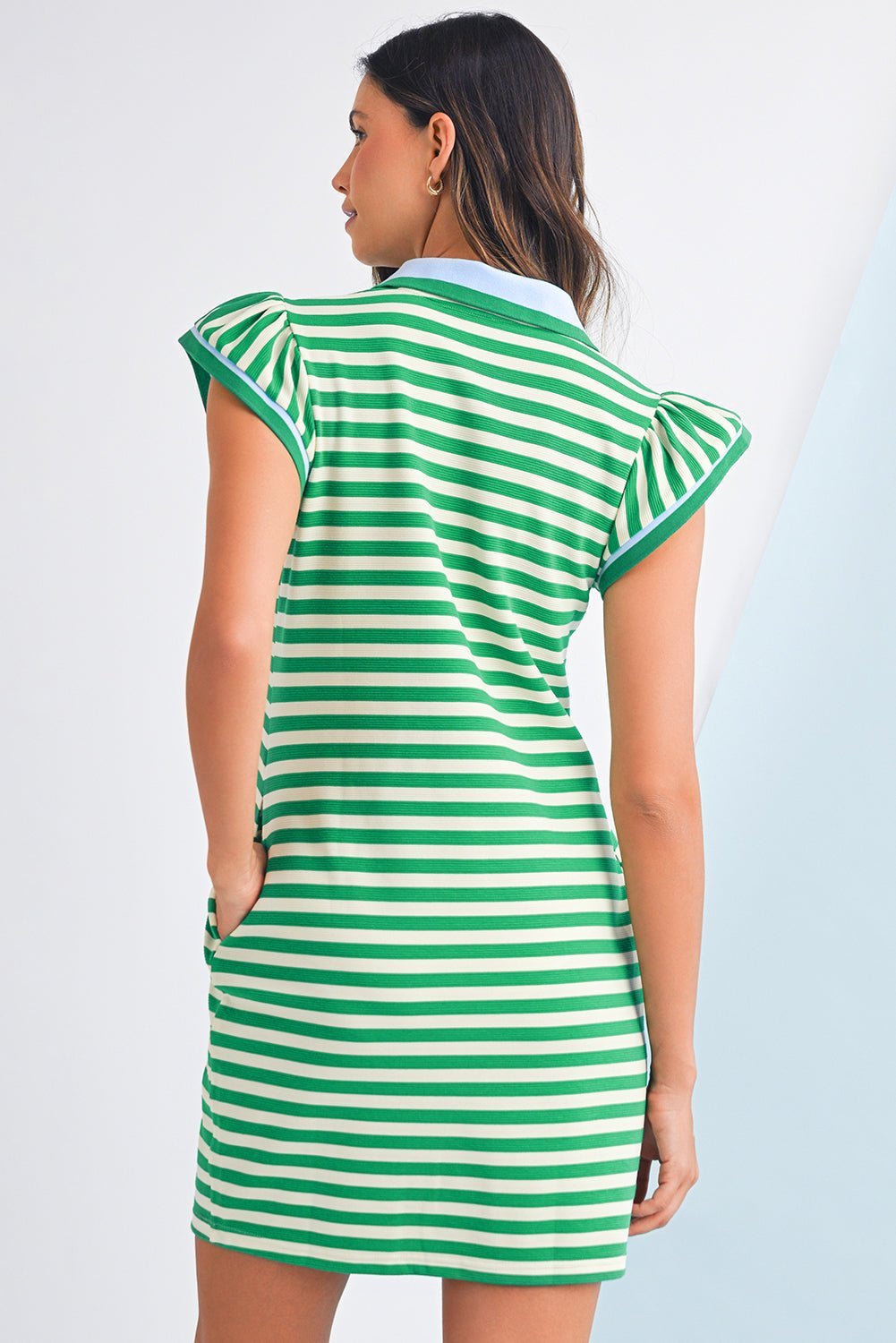 Green Striped Ruffle Short Sleeve Pop of Color Neckline Dress - MAD RUFFI