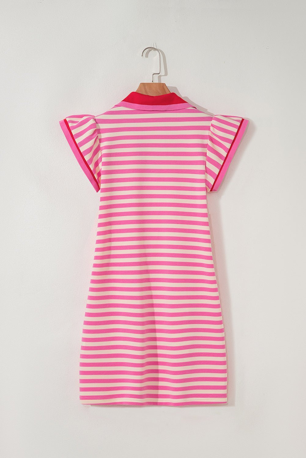 Green Striped Ruffle Short Sleeve Pop of Color Neckline Dress - MAD RUFFI