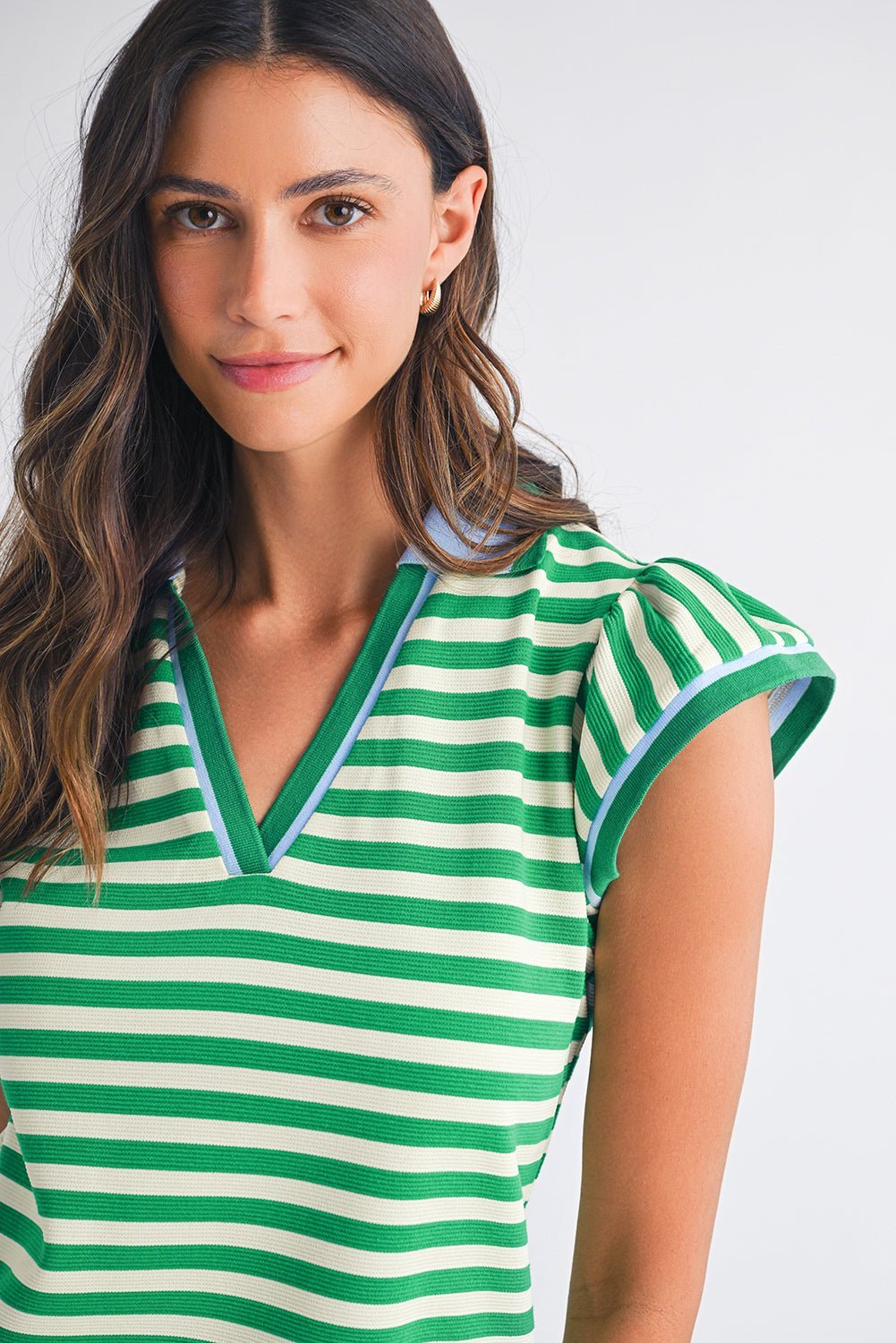 Green Striped Ruffle Short Sleeve Pop of Color Neckline Dress - MAD RUFFI
