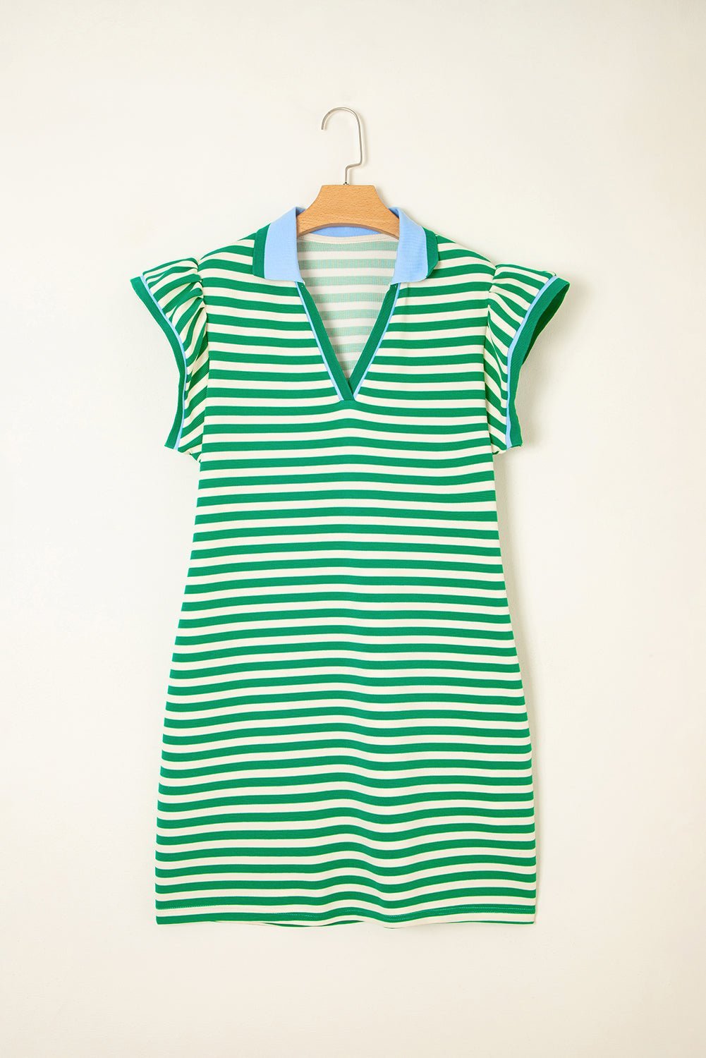 Green Striped Ruffle Short Sleeve Pop of Color Neckline Dress - MAD RUFFI