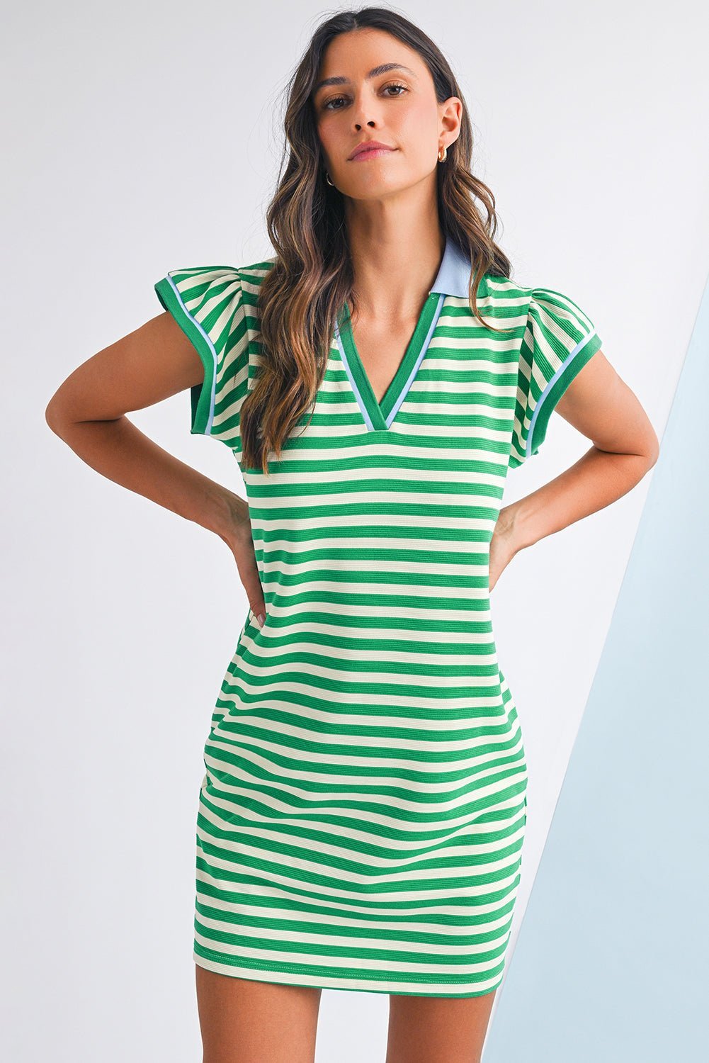 Green Striped Ruffle Short Sleeve Pop of Color Neckline Dress - MAD RUFFI
