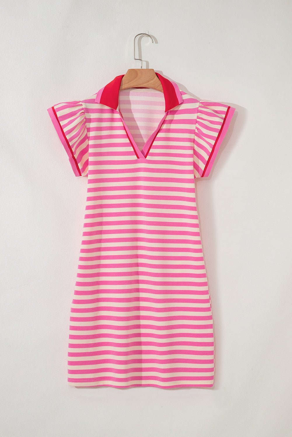Green Striped Ruffle Short Sleeve Pop of Color Neckline Dress - MAD RUFFI