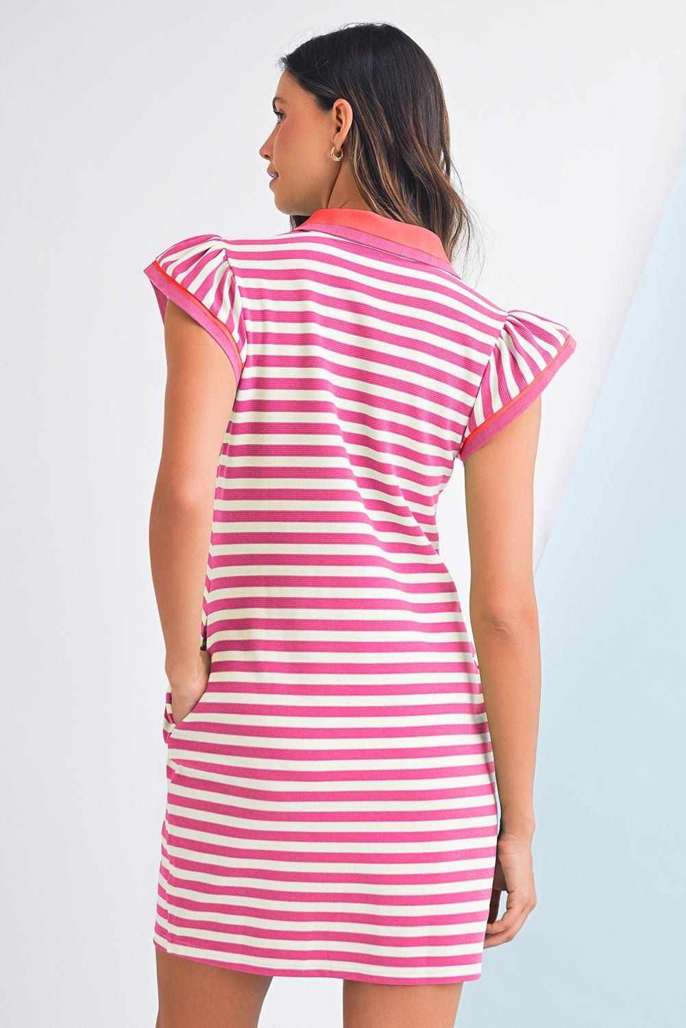 Green Striped Ruffle Short Sleeve Pop of Color Neckline Dress - MAD RUFFI