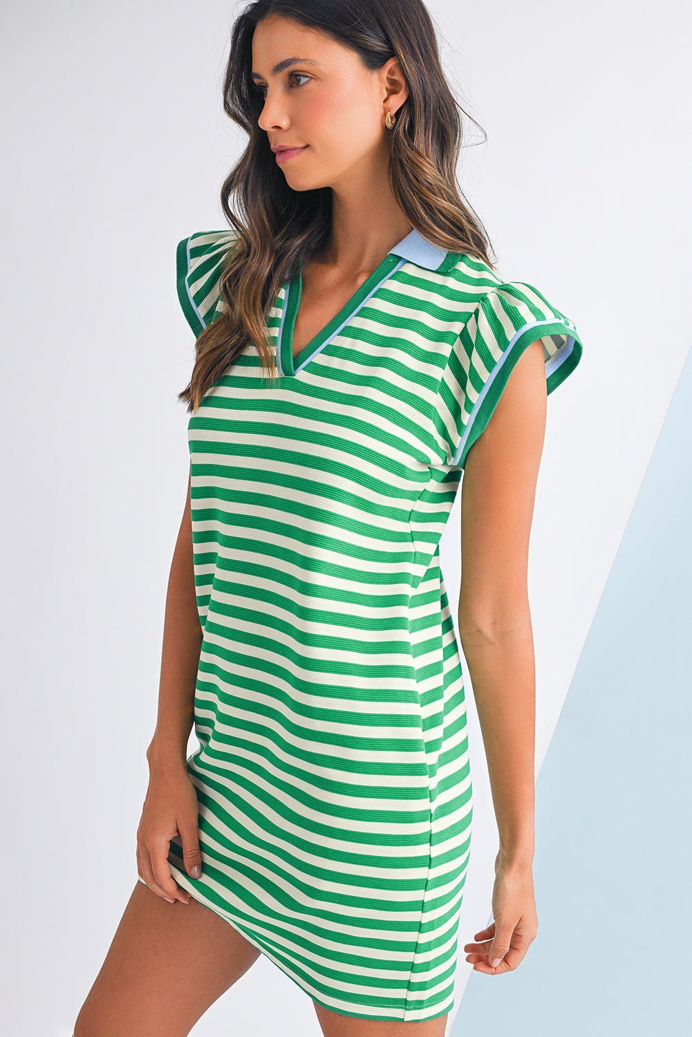 Green Striped Ruffle Short Sleeve Pop of Color Neckline Dress - MAD RUFFI