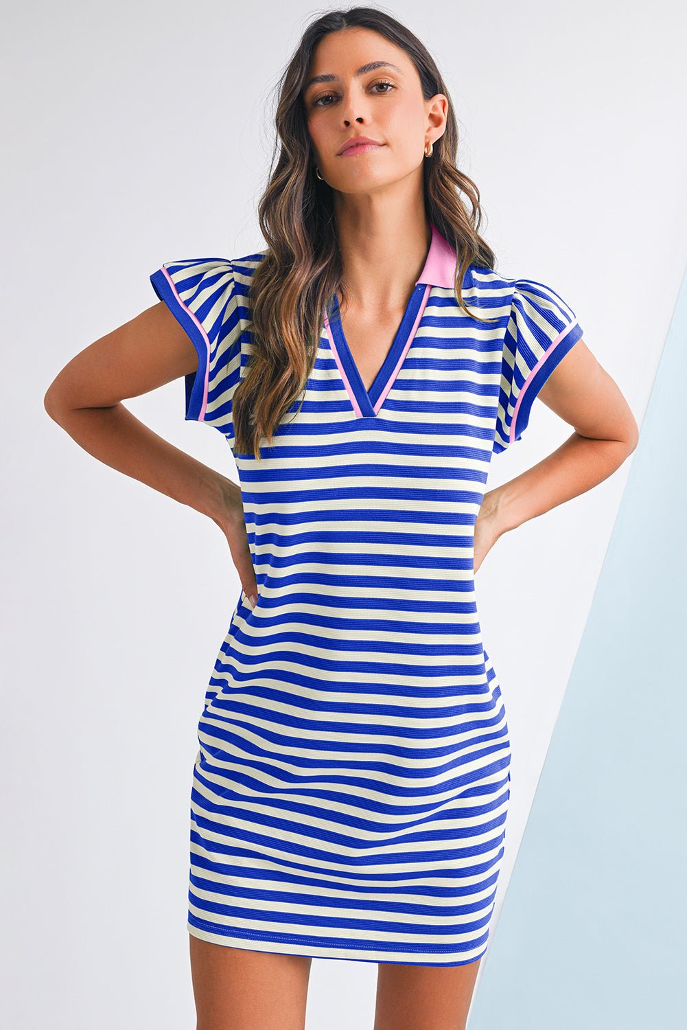 Green Striped Ruffle Short Sleeve Pop of Color Neckline Dress - MAD RUFFI