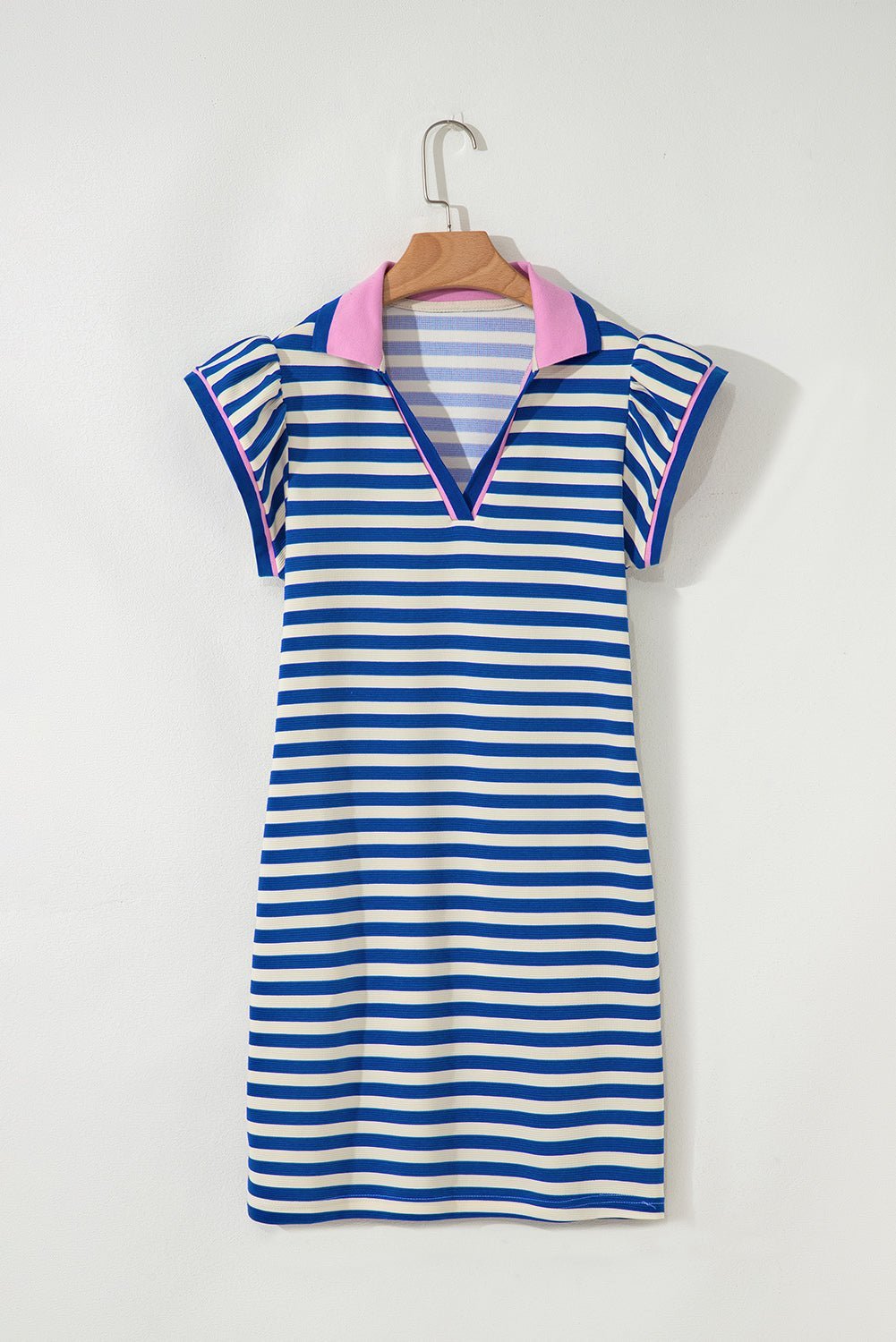 Green Striped Ruffle Short Sleeve Pop of Color Neckline Dress - MAD RUFFI