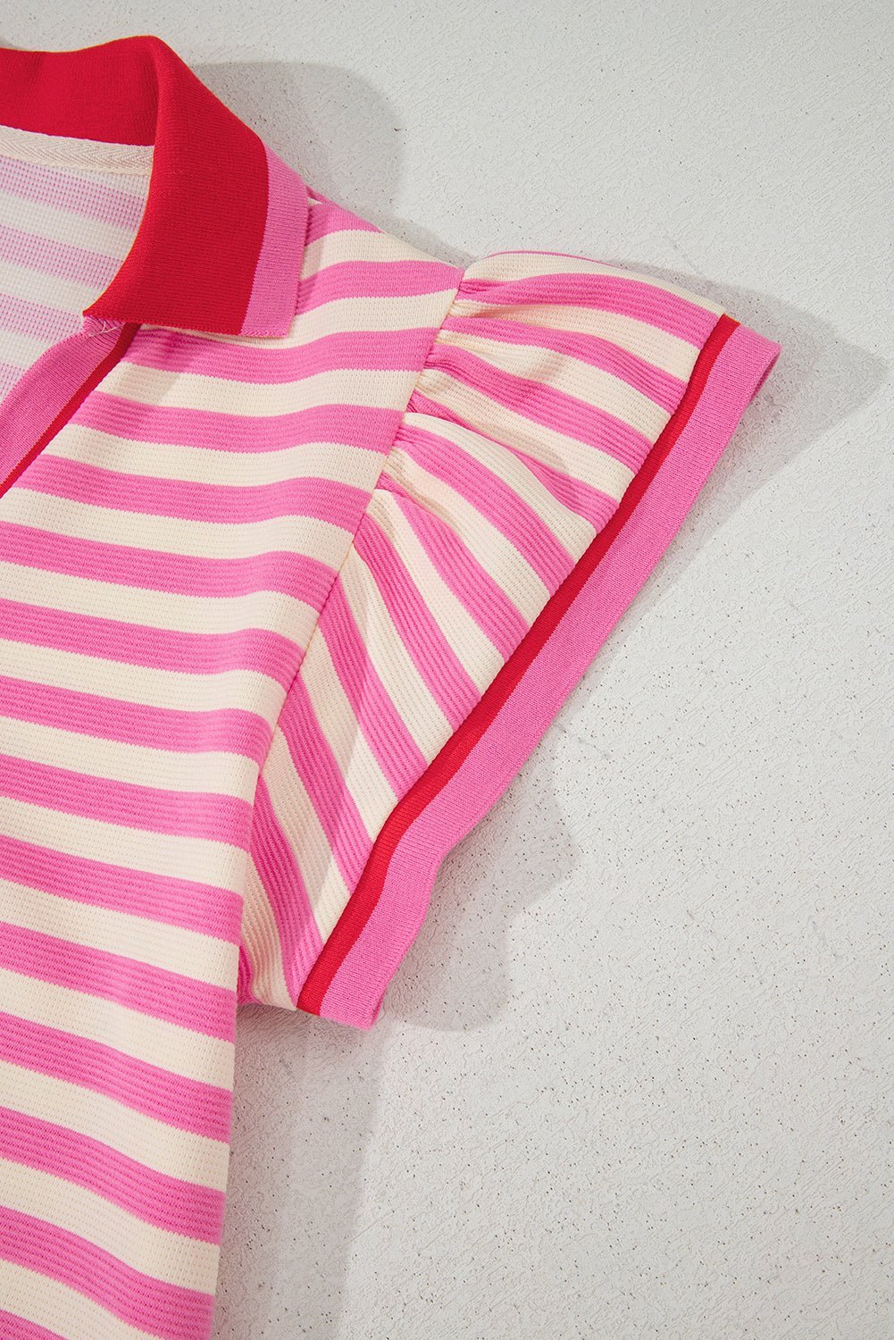 Green Striped Ruffle Short Sleeve Pop of Color Neckline Dress - MAD RUFFI