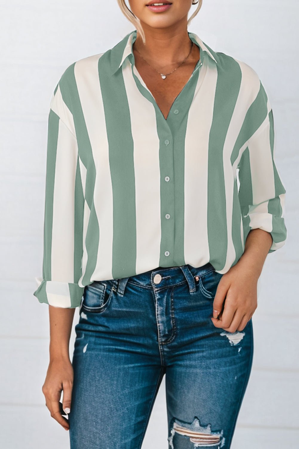 Green Striped Soft Relaxed Button Up Shirt - MAD RUFFI
