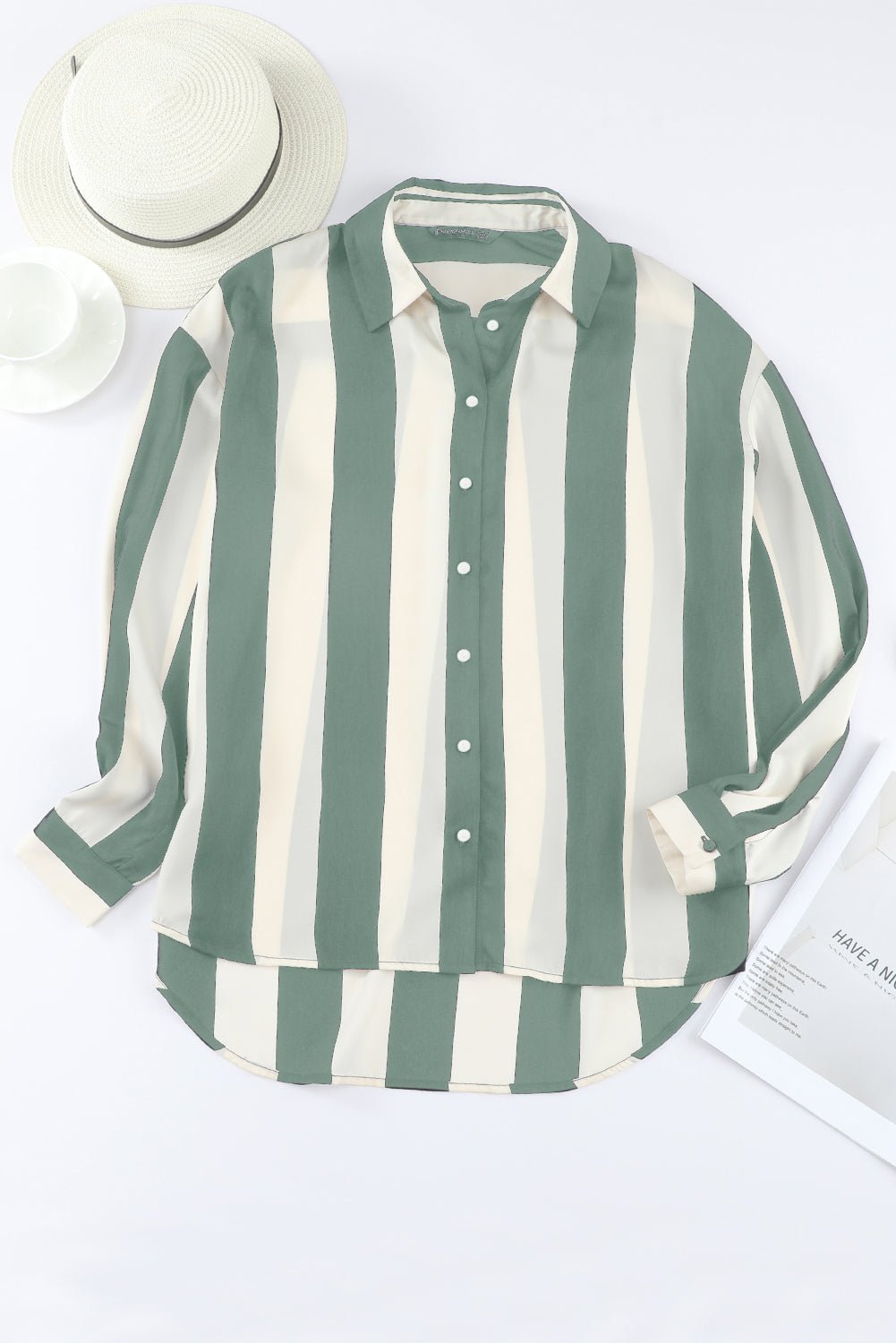Green Striped Soft Relaxed Button Up Shirt - MAD RUFFI