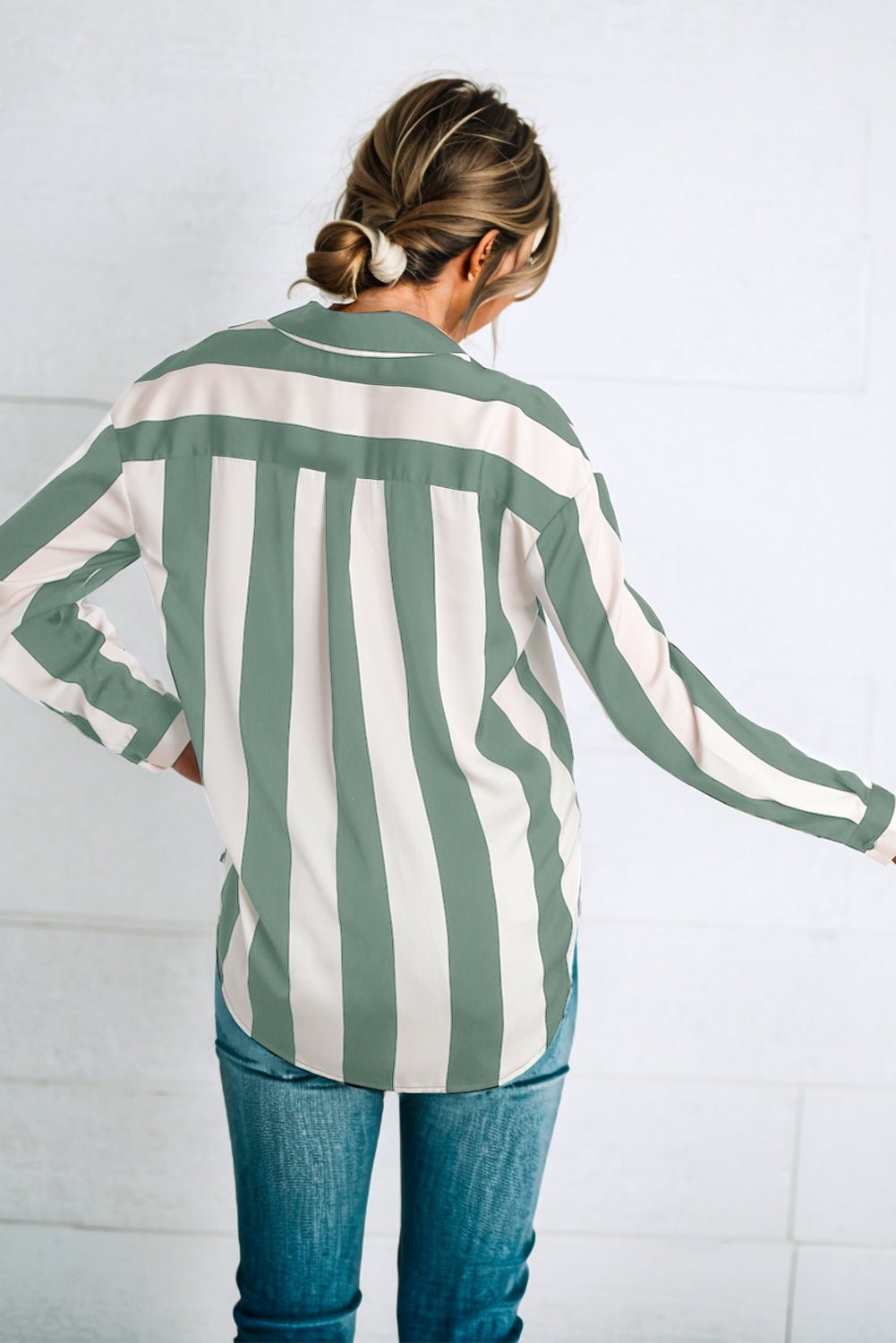 Green Striped Soft Relaxed Button Up Shirt - MAD RUFFI
