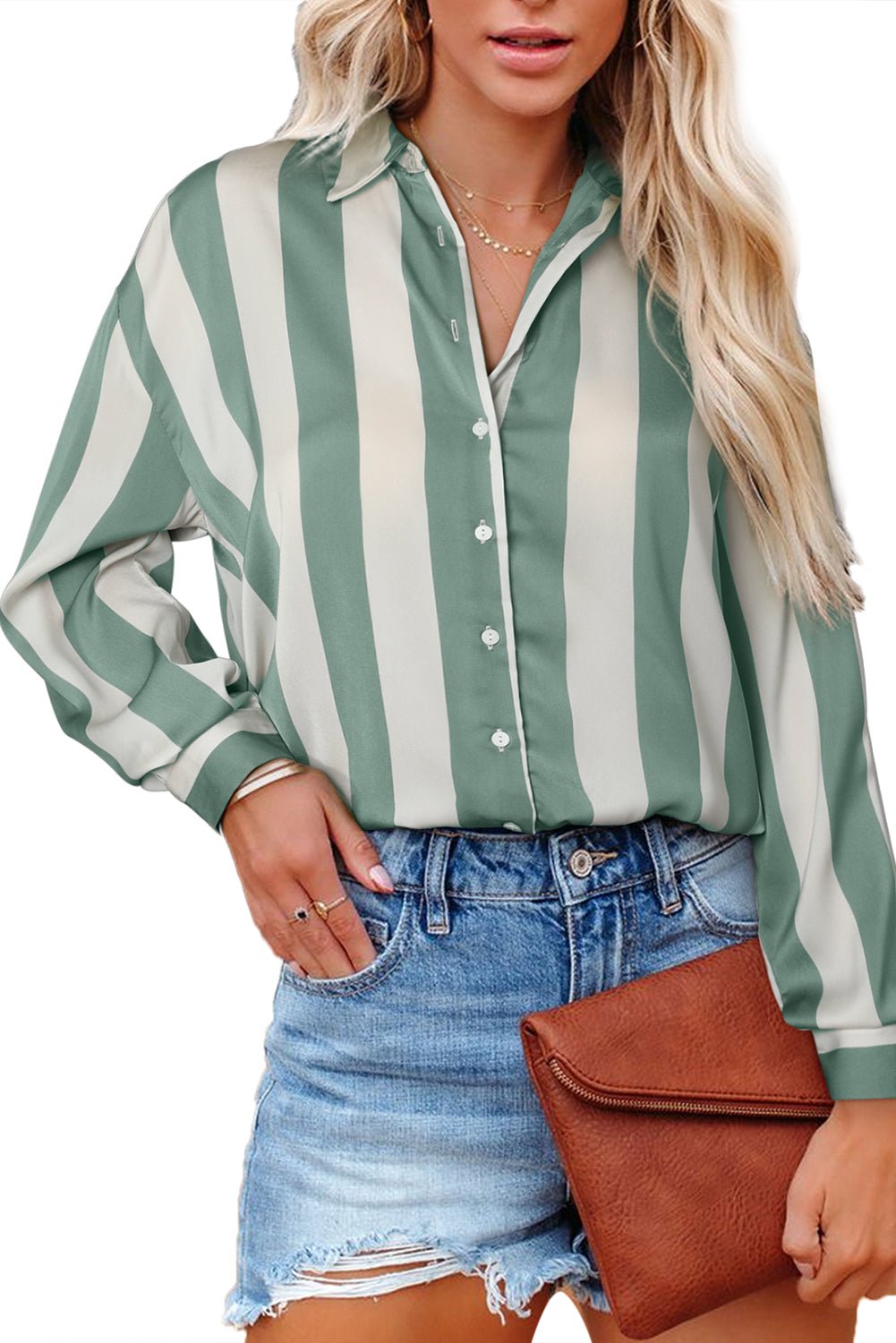 Green Striped Soft Relaxed Button Up Shirt - MAD RUFFI