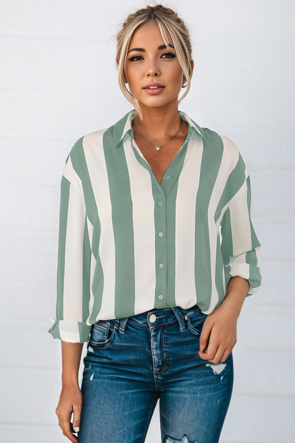 Green Striped Soft Relaxed Button Up Shirt - MAD RUFFI
