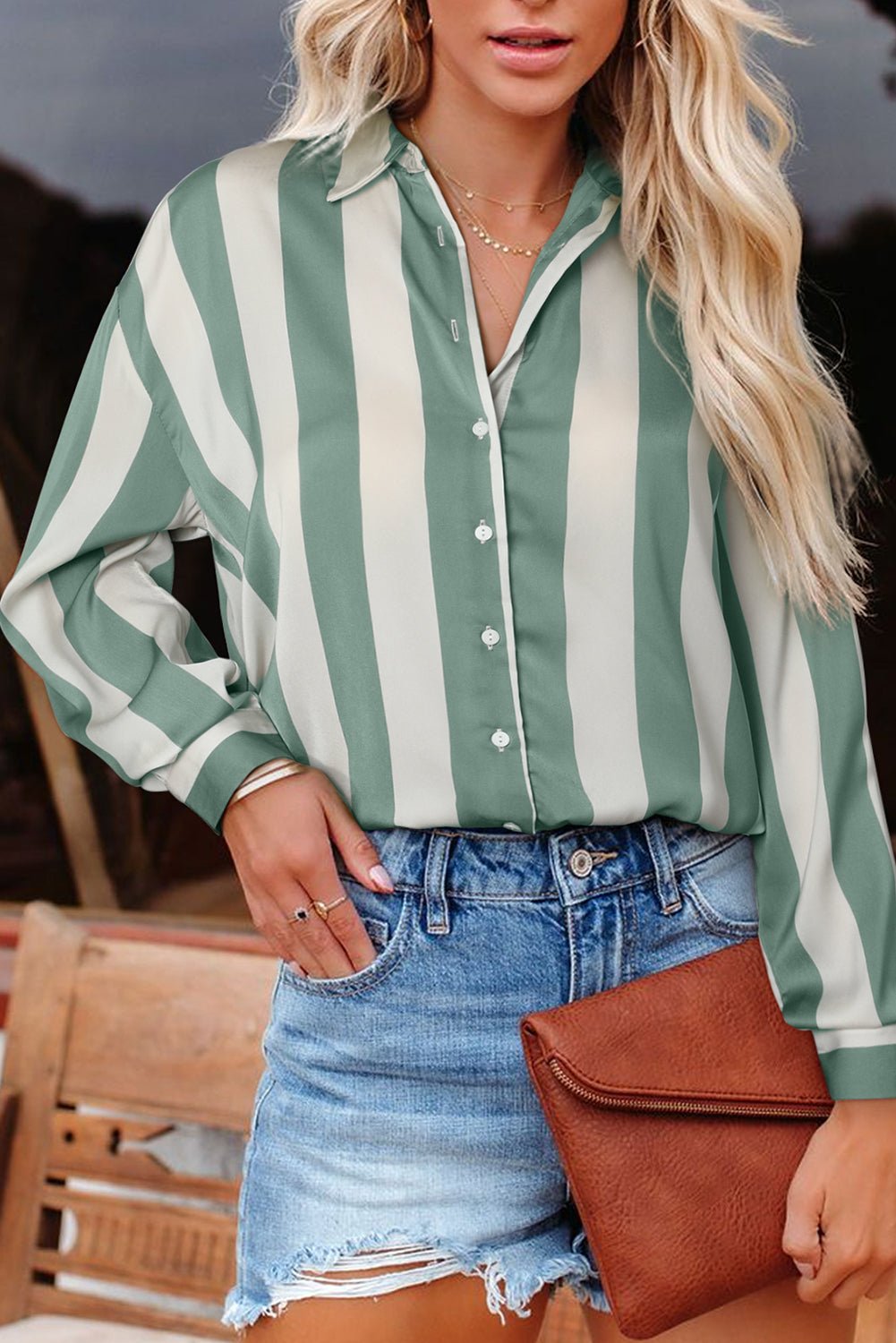 Green Striped Soft Relaxed Button Up Shirt - MAD RUFFI