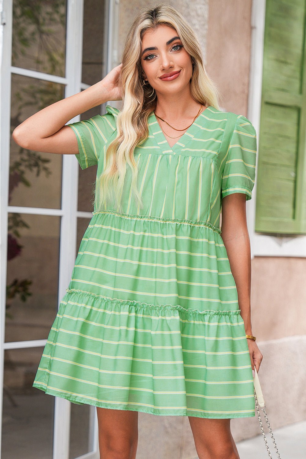 Green Striped V Neck Frill Tiered Mini Dress - MAD RUFFI
