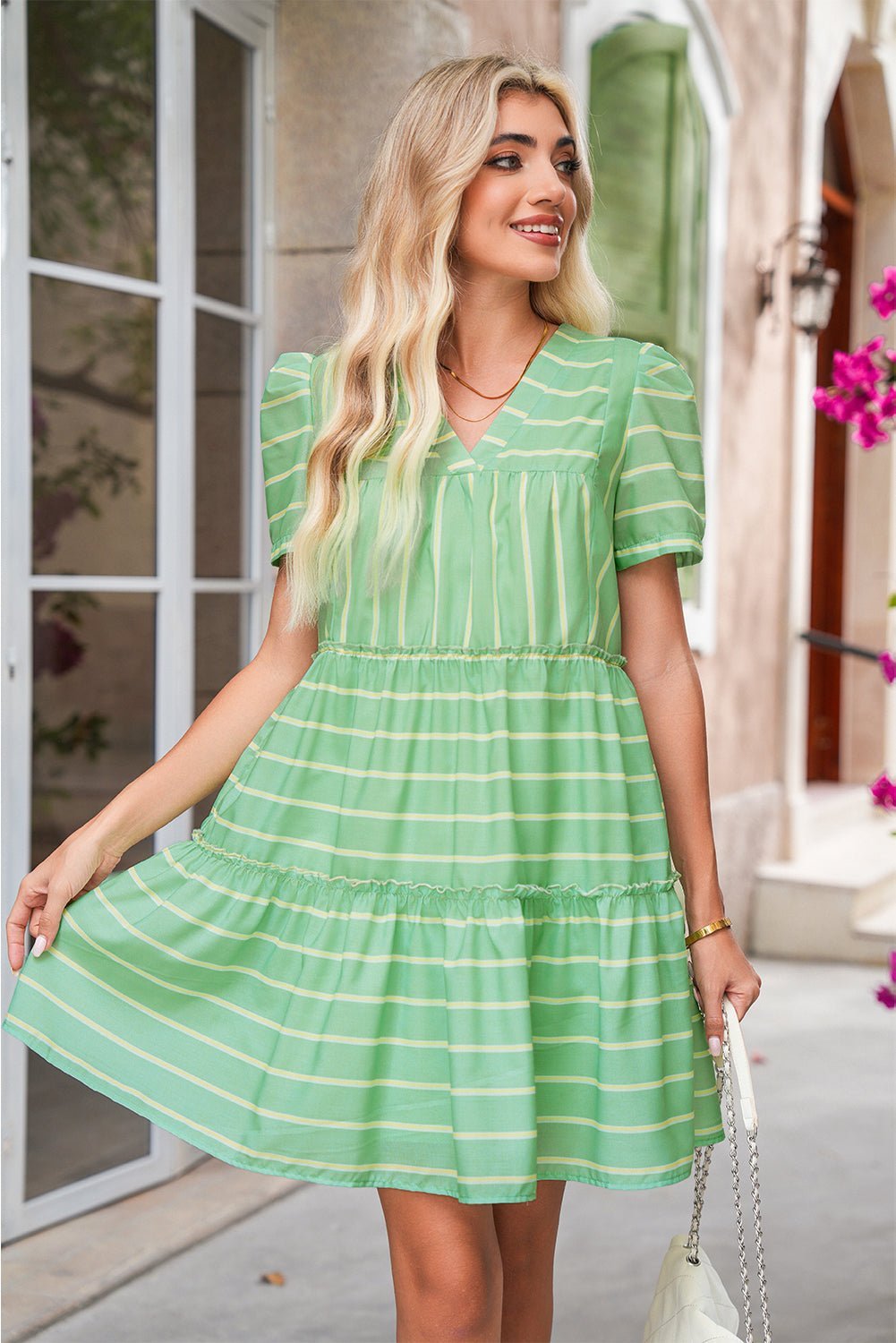 Green Striped V Neck Frill Tiered Mini Dress - MAD RUFFI