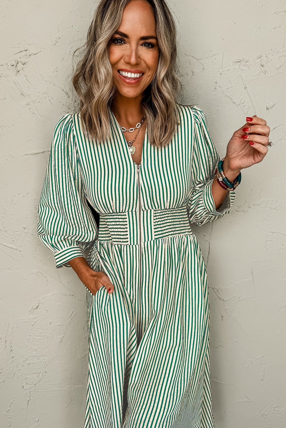 Green Striped V Neck Zip Front Cinched High Waist Midi Dress - MAD RUFFI