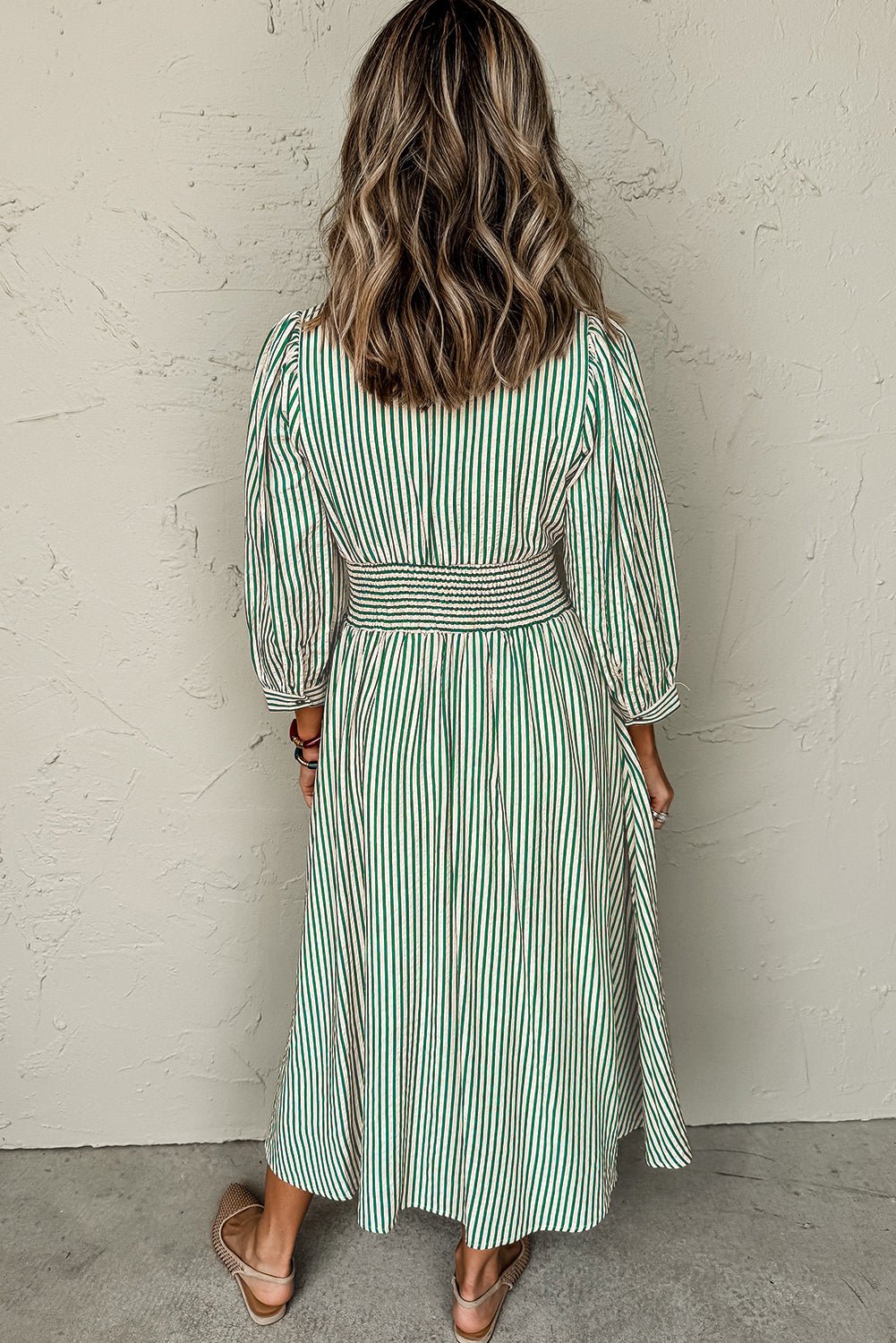 Green Striped V Neck Zip Front Cinched High Waist Midi Dress - MAD RUFFI