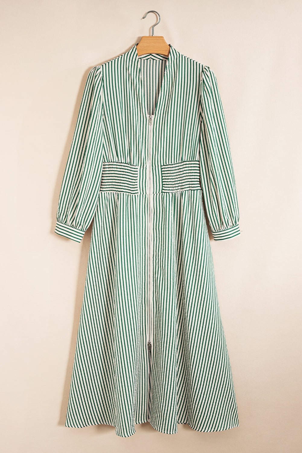 Green Striped V Neck Zip Front Cinched High Waist Midi Dress - MAD RUFFI