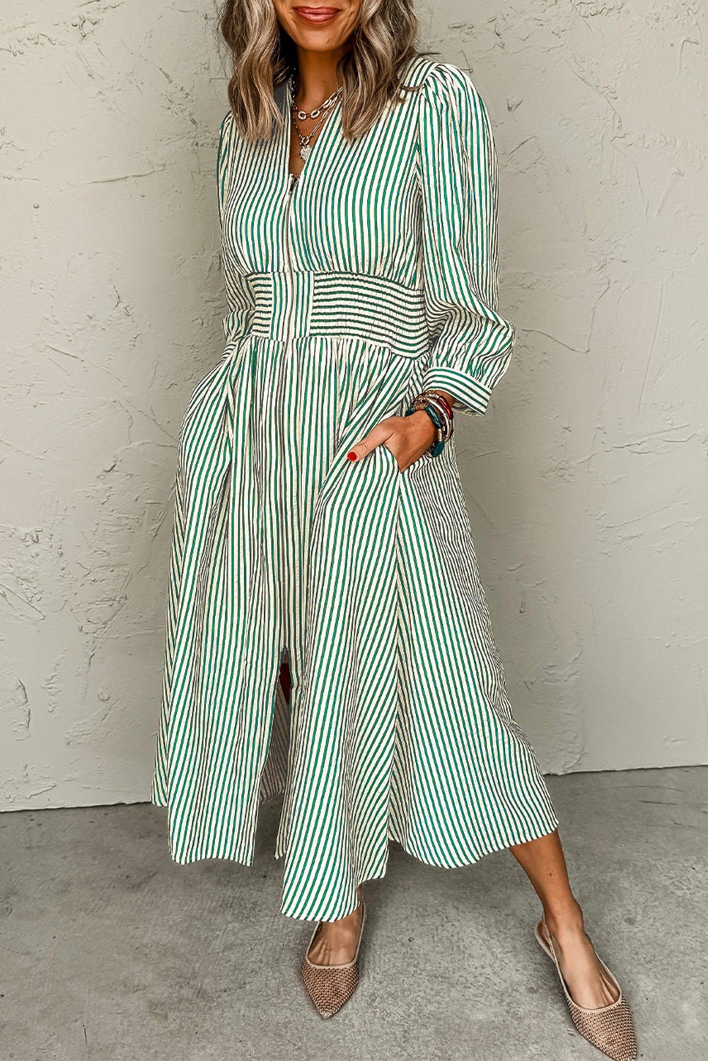Green Striped V Neck Zip Front Cinched High Waist Midi Dress - MAD RUFFI