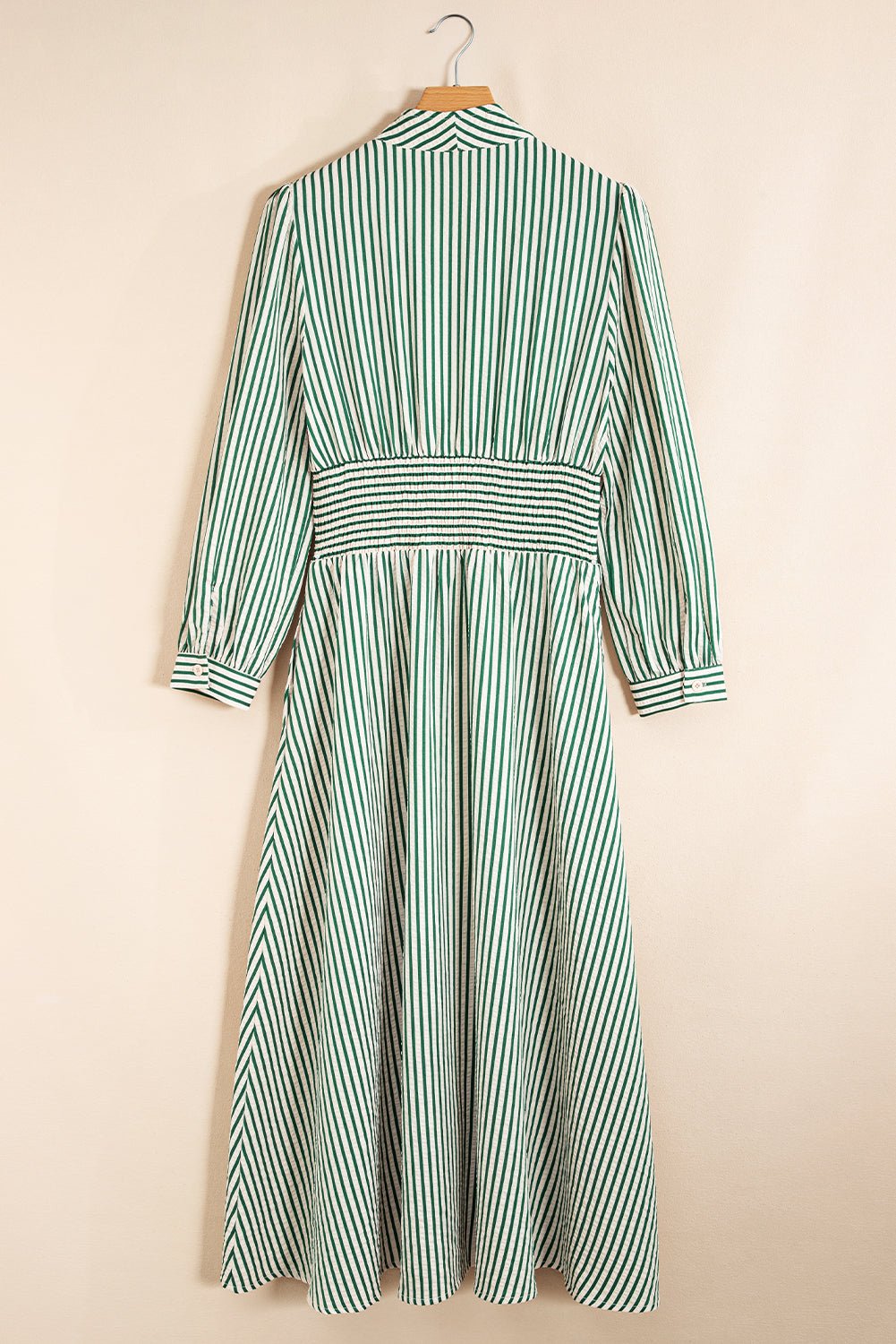 Green Striped V Neck Zip Front Cinched High Waist Midi Dress - MAD RUFFI