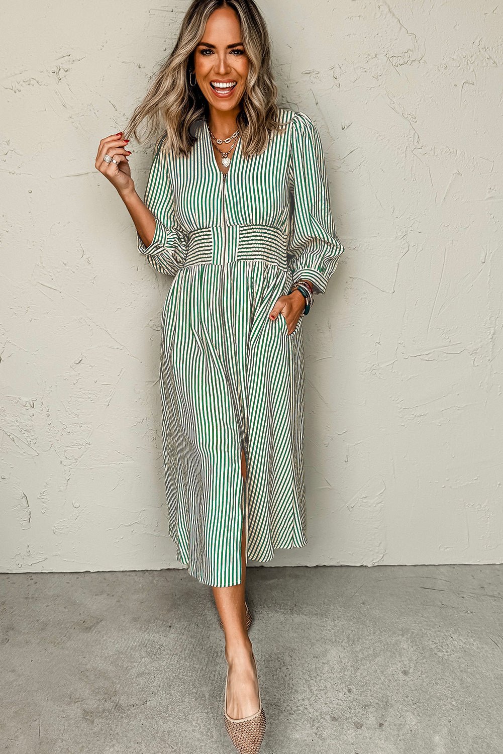 Green Striped V Neck Zip Front Cinched High Waist Midi Dress - MAD RUFFI