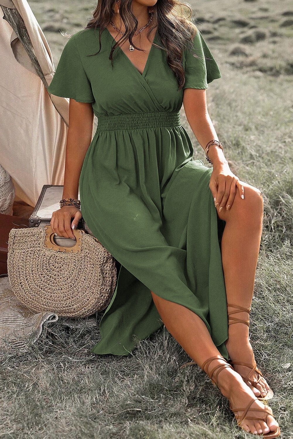 Green Surplice Neckline Smocked High Waist Plus Size Maxi Dress - MAD RUFFI