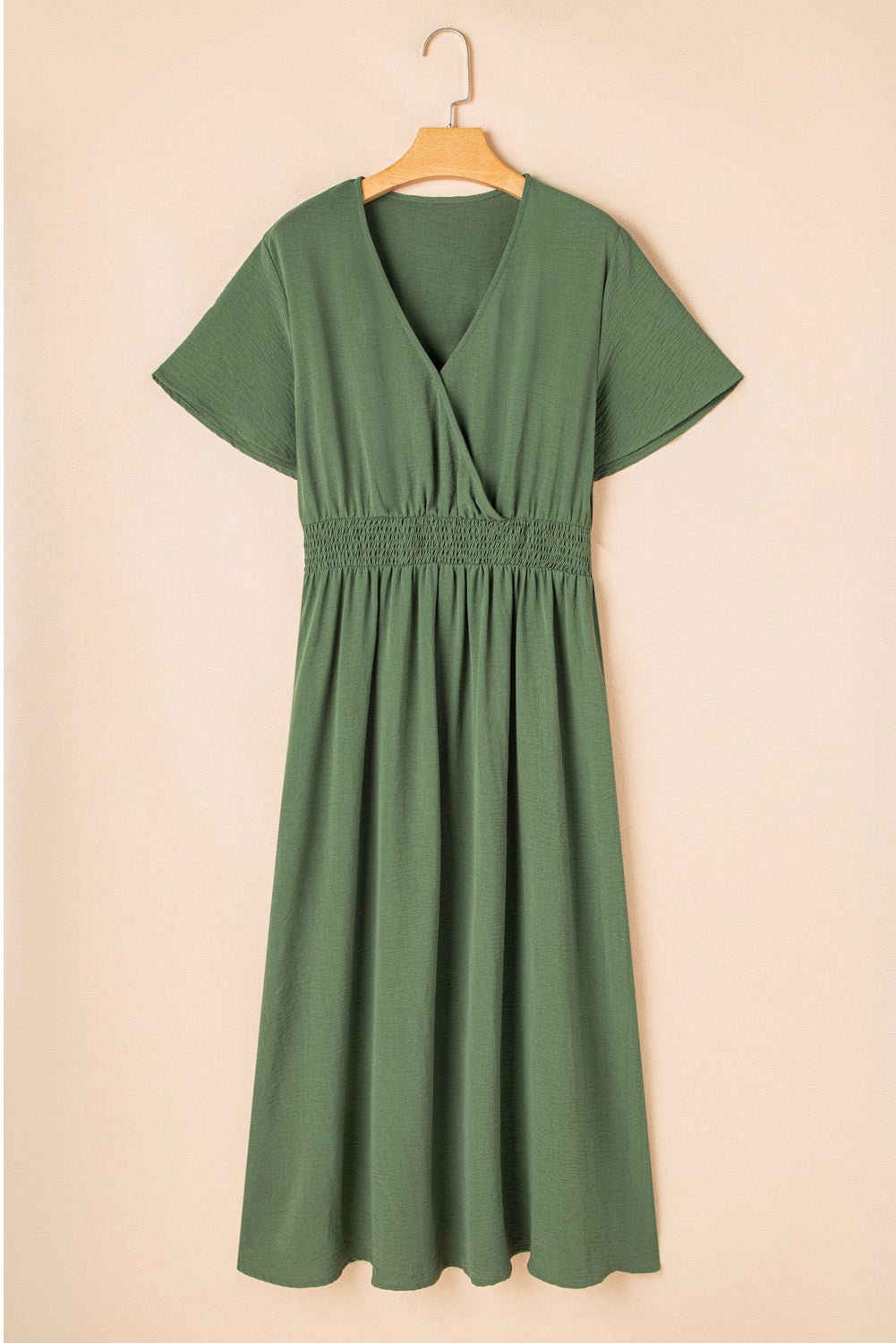 Green Surplice Neckline Smocked High Waist Plus Size Maxi Dress - MAD RUFFI