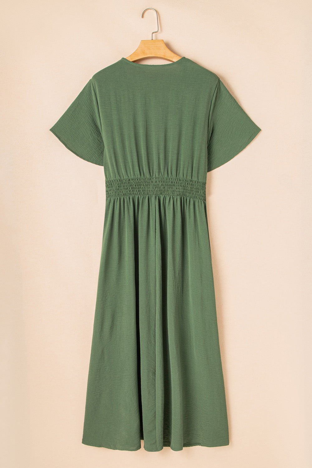 Green Surplice Neckline Smocked High Waist Plus Size Maxi Dress - MAD RUFFI