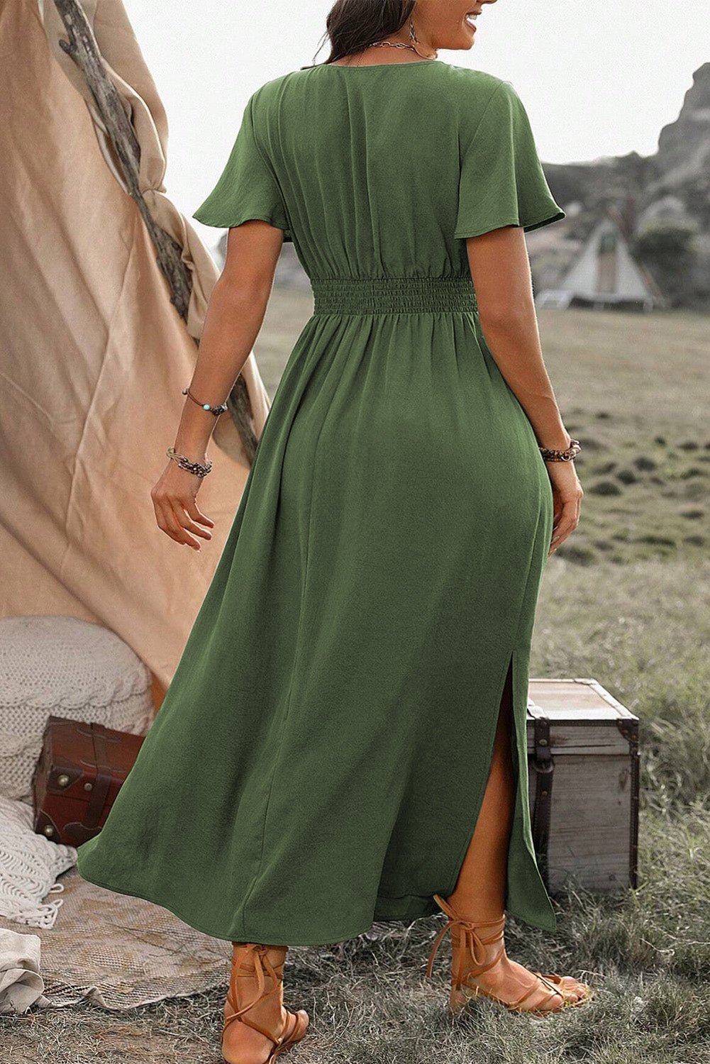 Green Surplice Neckline Smocked High Waist Plus Size Maxi Dress - MAD RUFFI