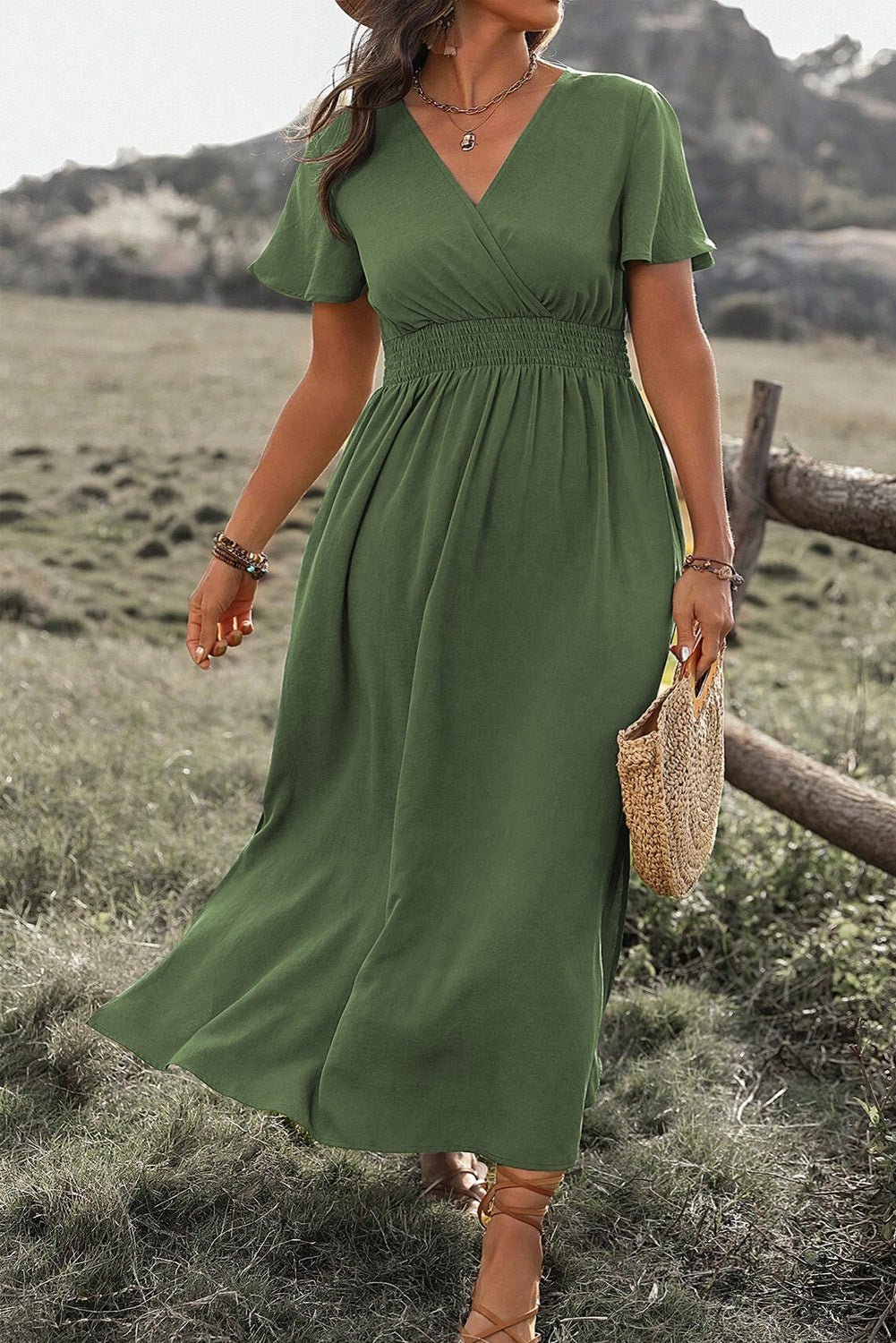 Green Surplice Neckline Smocked High Waist Plus Size Maxi Dress - MAD RUFFI