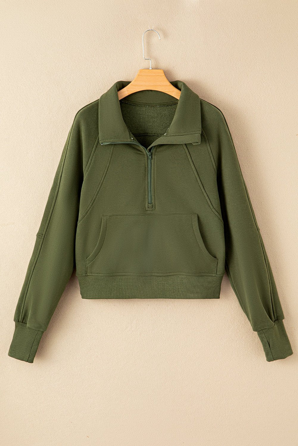 Green Zip Up Stand Collar Ribbed Thumbhole Sleeve Sweatshirt - MAD RUFFI