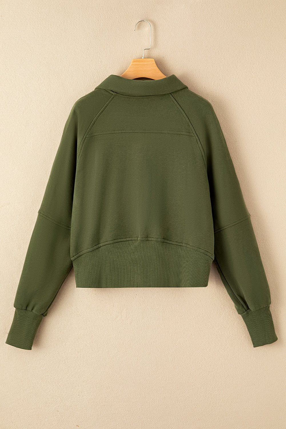 Green Zip Up Stand Collar Ribbed Thumbhole Sleeve Sweatshirt - MAD RUFFI