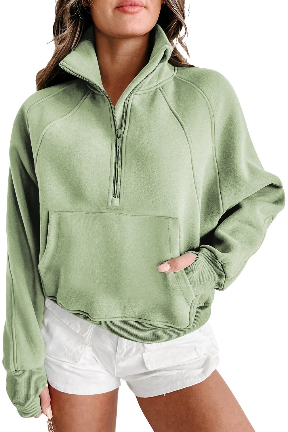 Green Zip Up Stand Collar Ribbed Thumbhole Sleeve Sweatshirt - MAD RUFFI