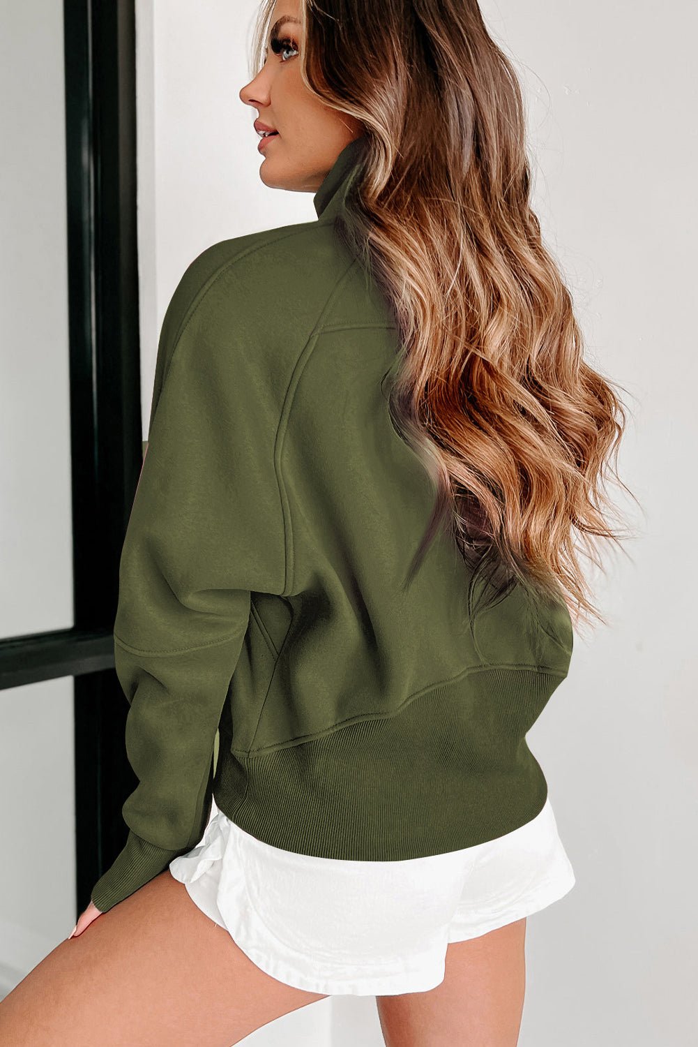 Green Zip Up Stand Collar Ribbed Thumbhole Sleeve Sweatshirt - MAD RUFFI
