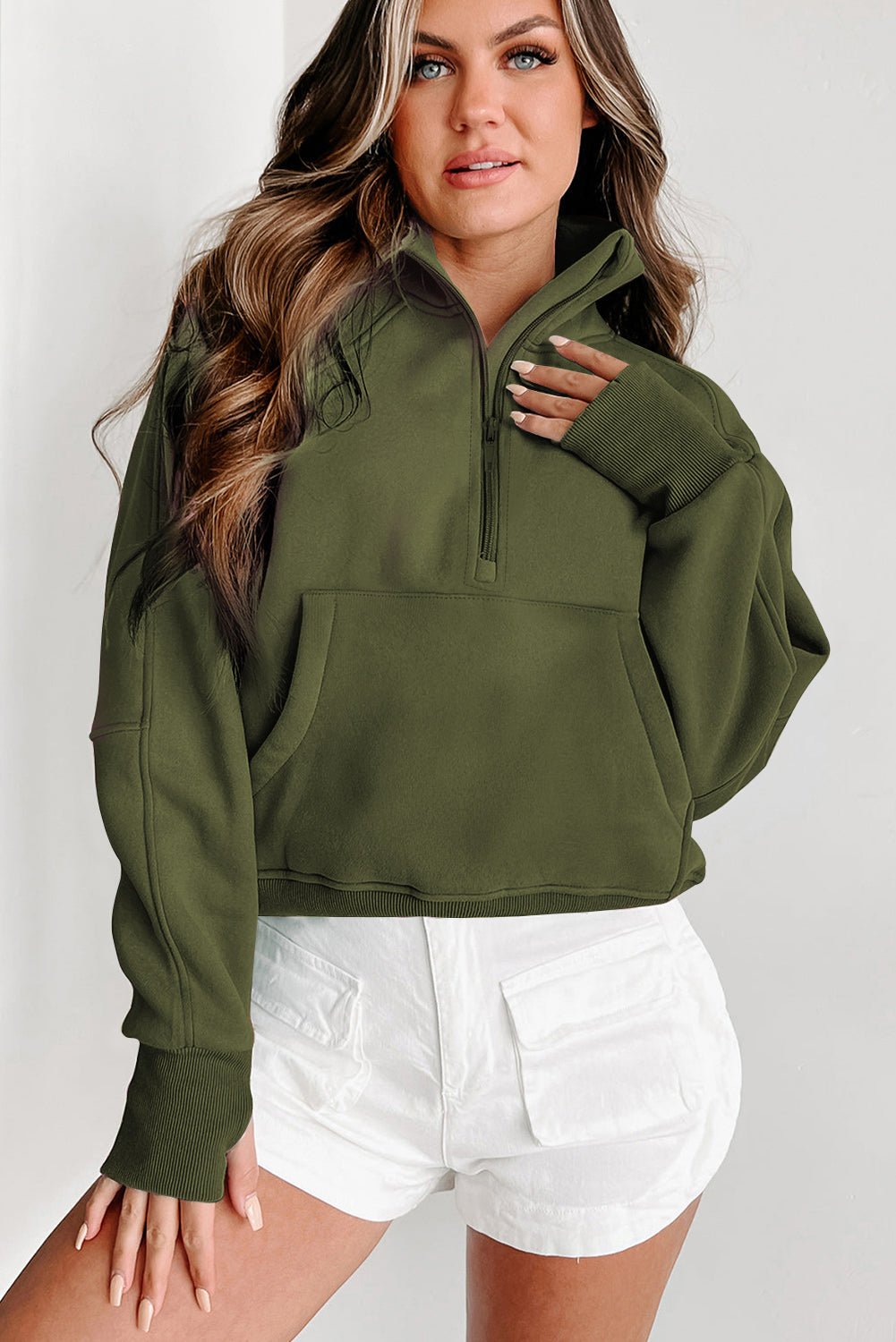 Green Zip Up Stand Collar Ribbed Thumbhole Sleeve Sweatshirt - MAD RUFFI