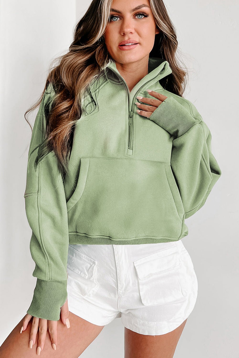 Green Zip Up Stand Collar Ribbed Thumbhole Sleeve Sweatshirt - MAD RUFFI