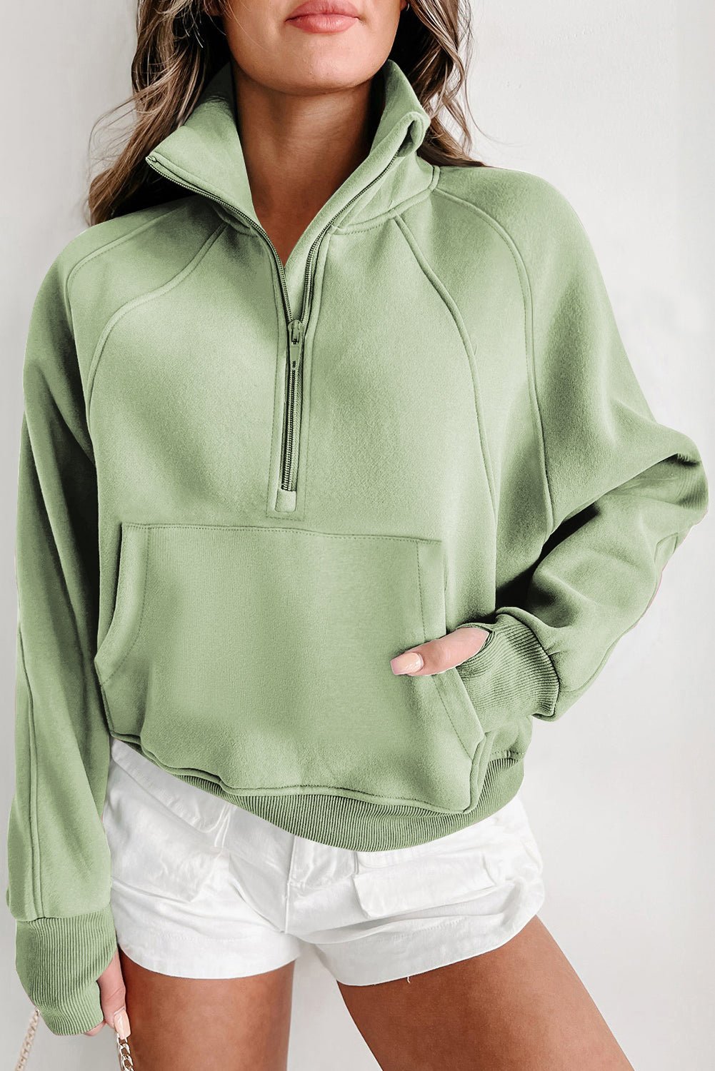 Green Zip Up Stand Collar Ribbed Thumbhole Sleeve Sweatshirt - MAD RUFFI