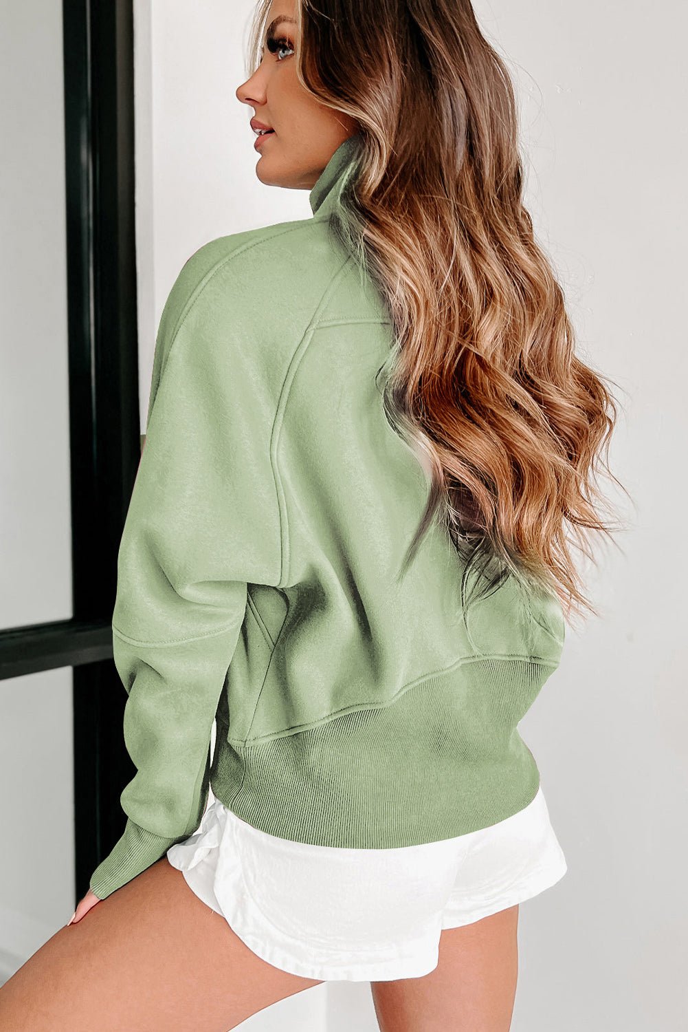 Green Zip Up Stand Collar Ribbed Thumbhole Sleeve Sweatshirt - MAD RUFFI