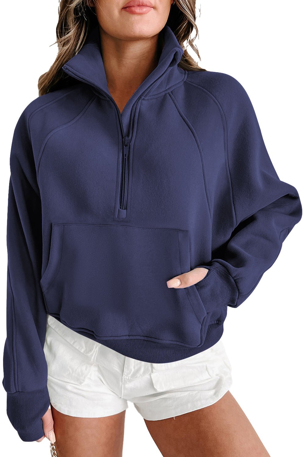 Green Zip Up Stand Collar Ribbed Thumbhole Sleeve Sweatshirt - MAD RUFFI