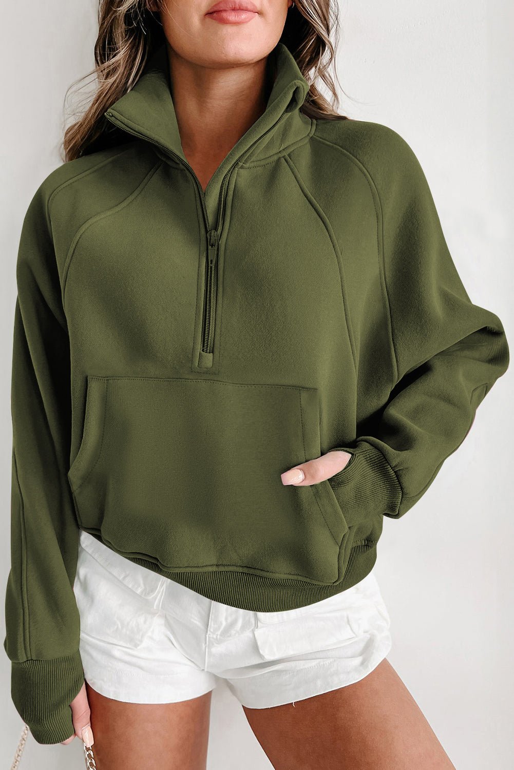 Green Zip Up Stand Collar Ribbed Thumbhole Sleeve Sweatshirt - MAD RUFFI