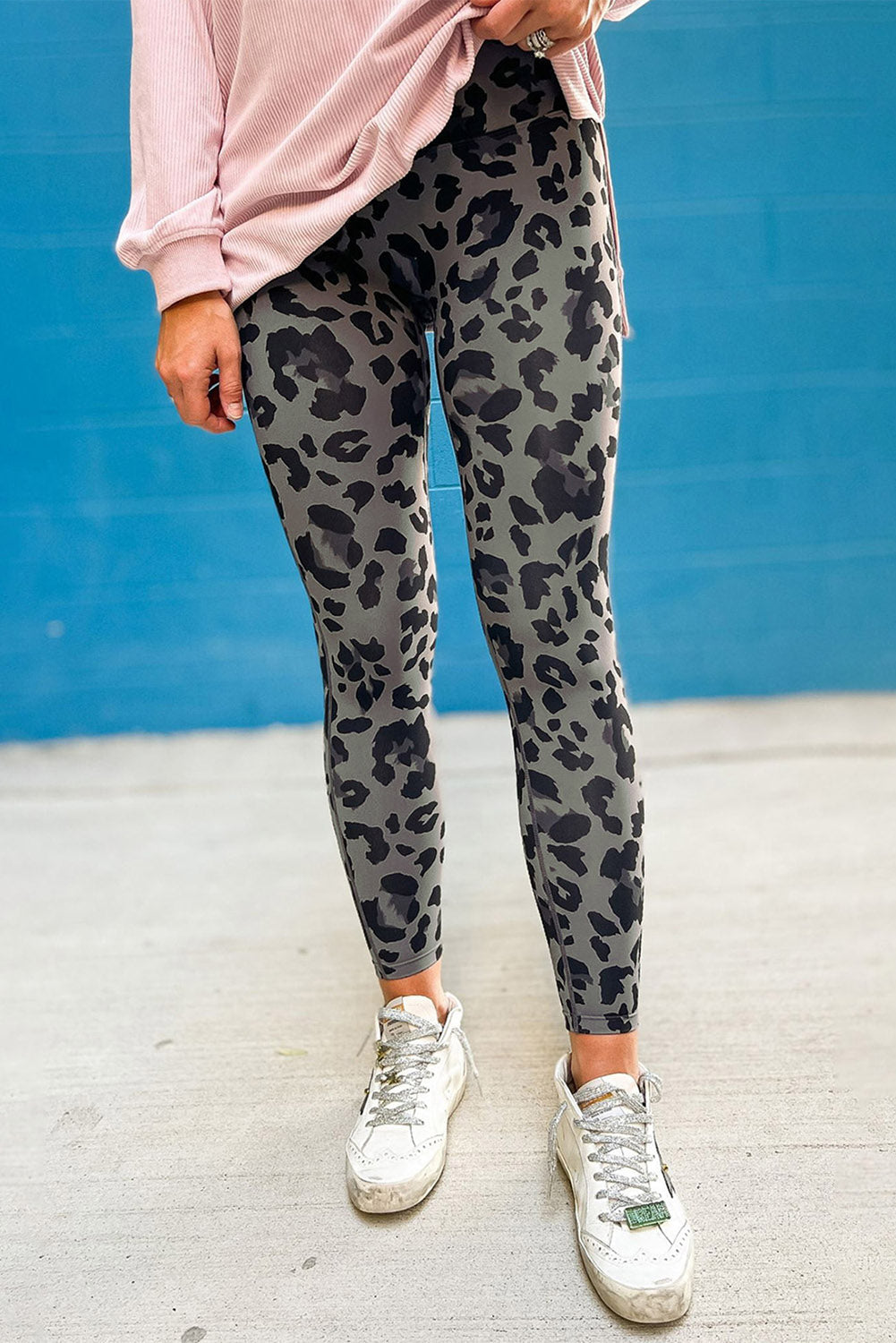 Grey Leopard Print Casual High Waist Leggings - MAD RUFFI