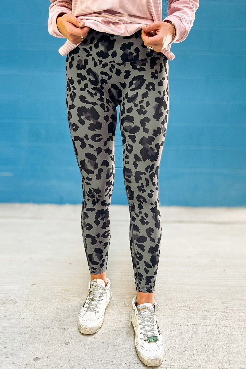 Grey Leopard Print Casual High Waist Leggings - MAD RUFFI