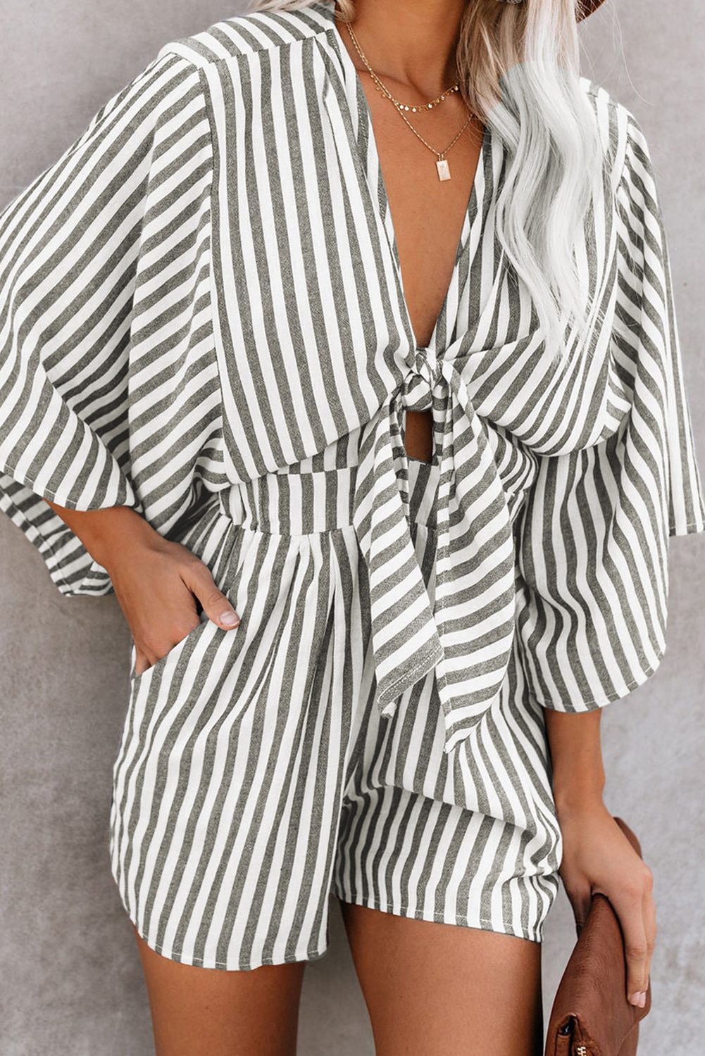 Grey Striped Print Tie Knot Front Romper With Pockets - MAD RUFFI